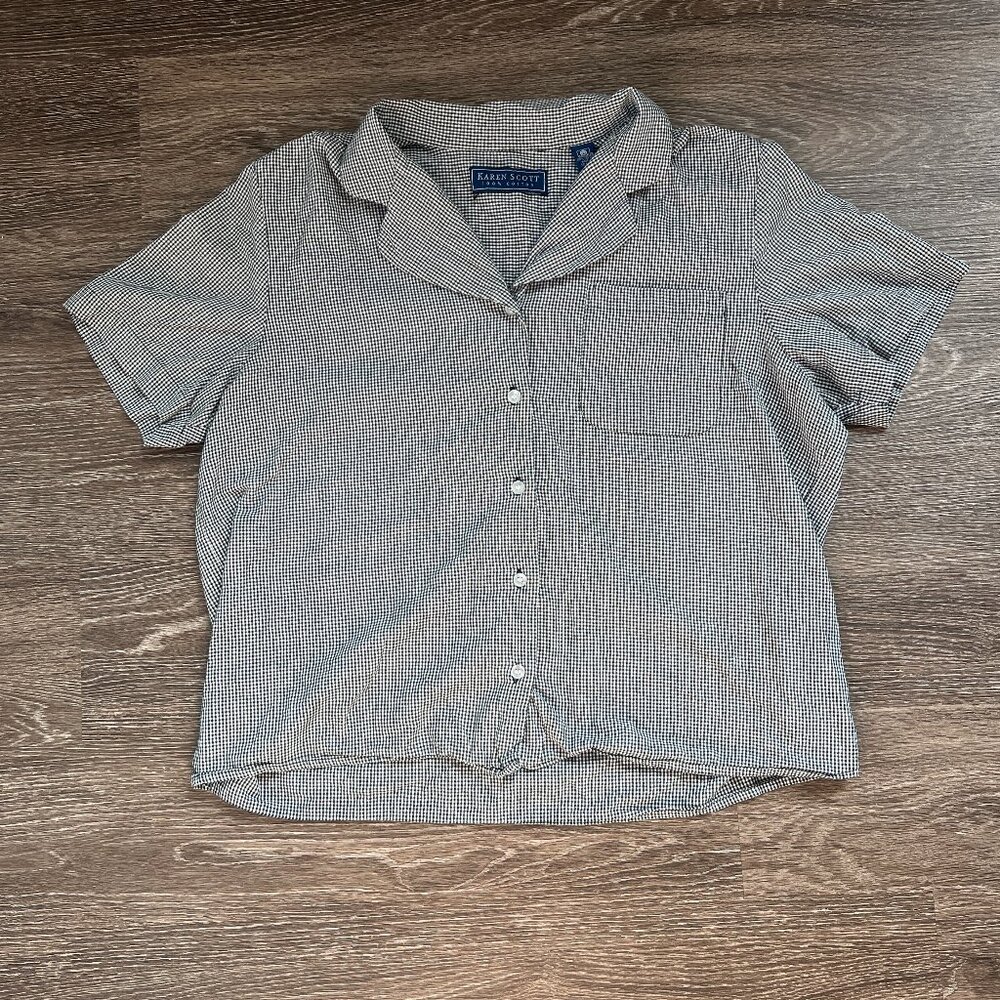 Vintage Karen Scott Black White Gingham Top L Cottage core Clean Girl Classic